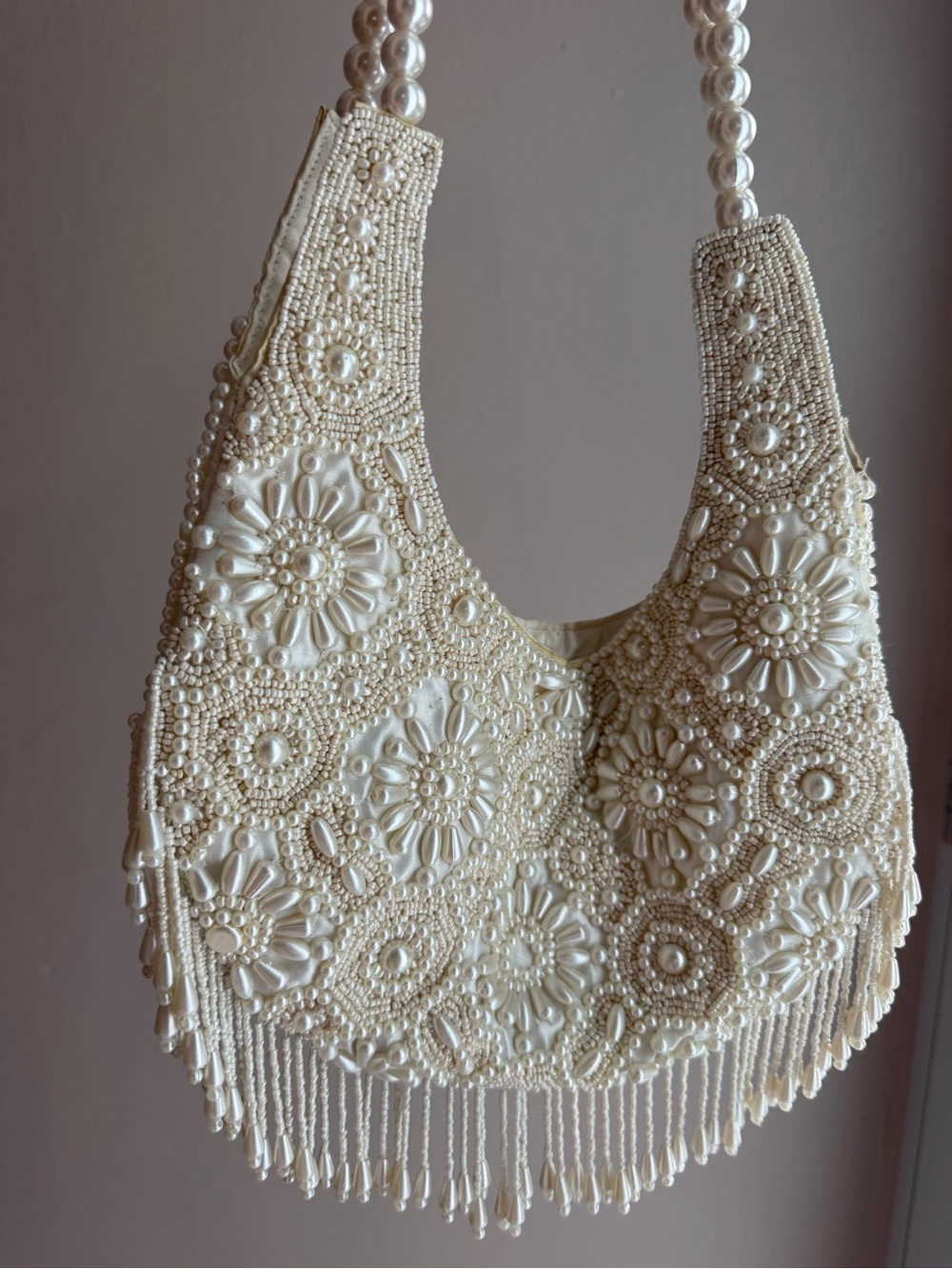 Source Unknown Cream Pearl-Embellished Fringe Shoulder Bag